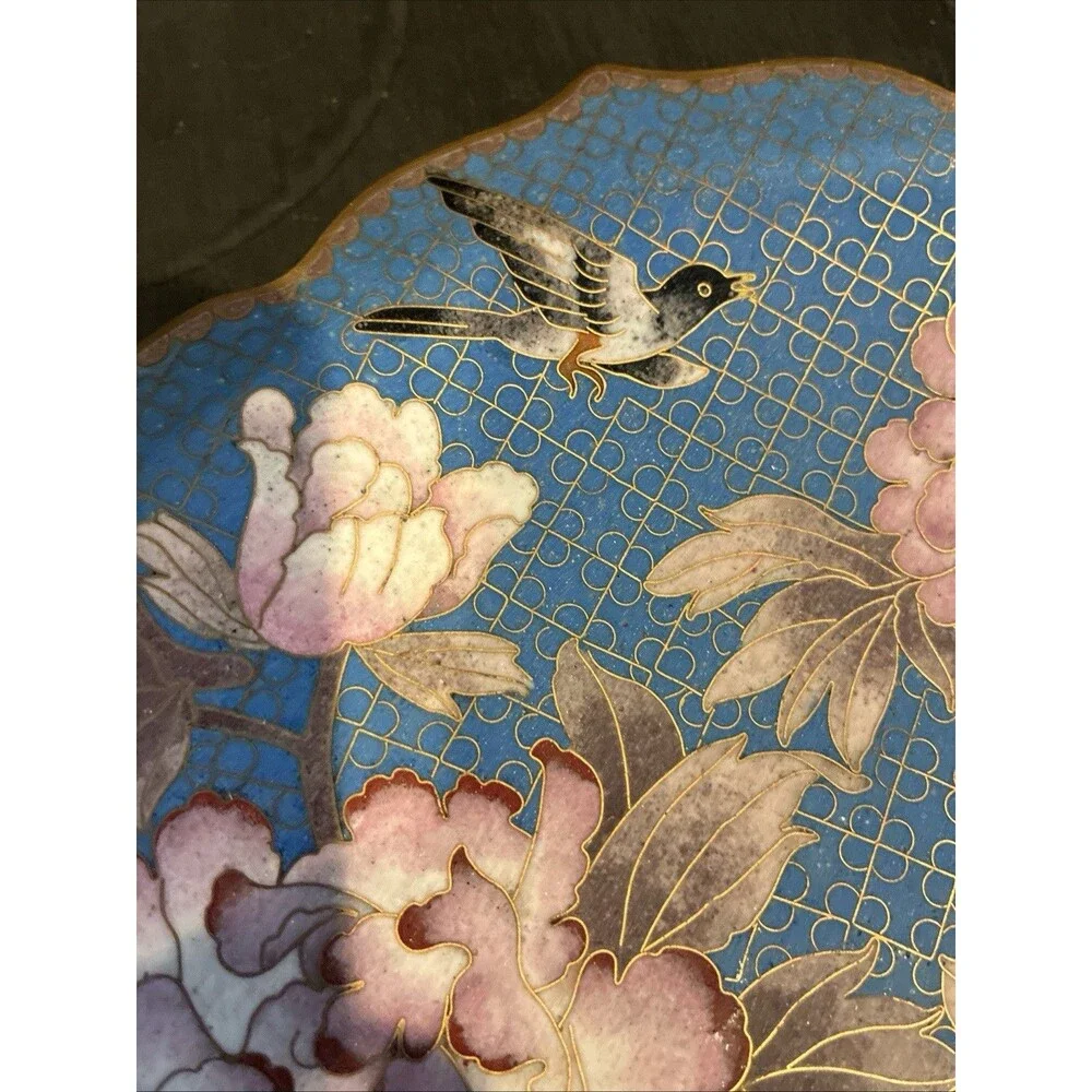 Blue Pink Flower Cloisonne Brass Enamel Hand Painted Plate Vintage Chinese